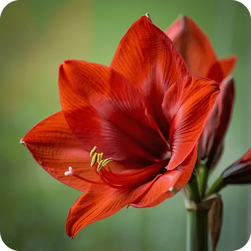 Große rote Amaryllis-Blüte in voller Pracht mit charakteristischen sechs Blütenblättern und hervorstehenden Staubgefäßen