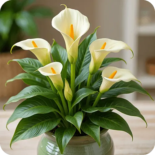 Gesunde Calla-Pflanze mit mehreren Knospen und saftig grünen Blättern in dekorativem Topf