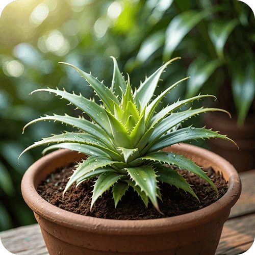 Junge Ananaspflanze aus Fruchtstrunk im Topf