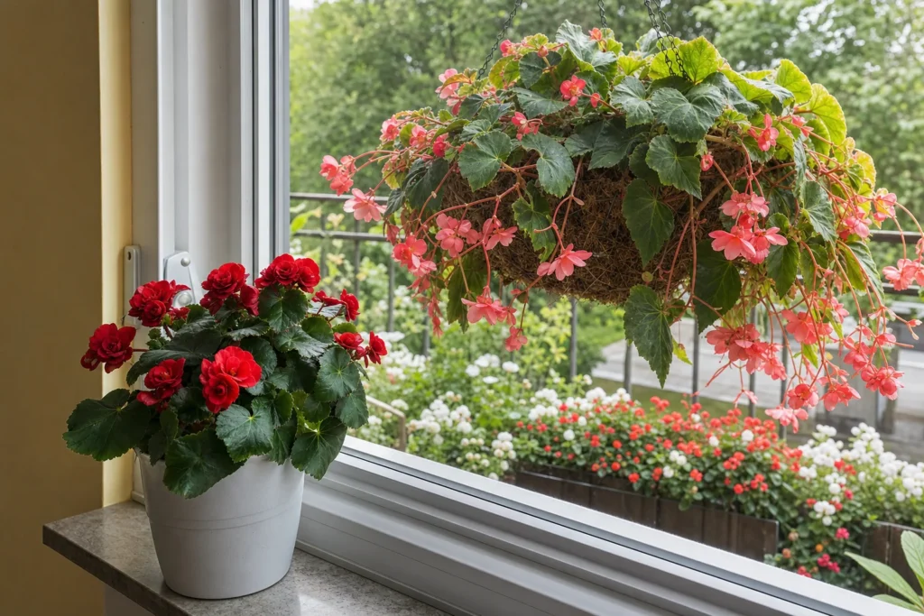 Begonien an drei verschiedenen Standorten: im Zimmer, auf dem Balkon und im Freiland