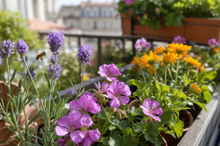 Sonniger Balkon mit blühenden Pflanzen in Töpfen und einer Bienen im Anflug auf eine Lavendelblüte