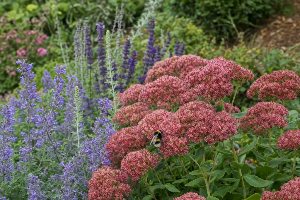 Winterharte Staudenbeet mit Fetthenne, Katzenminze und Steppen-Salbei, auf dem eine Hummel sitzt