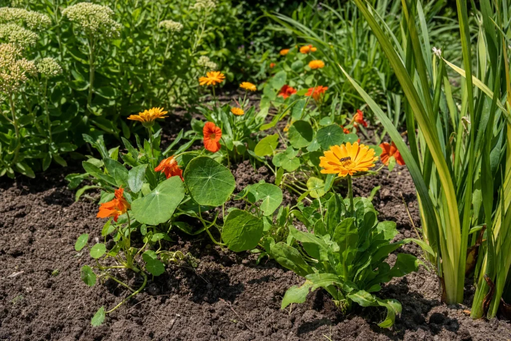 Frisch gepflanzte einjährige Blumen wie Ringelblume und Kapuzinerkresse schließen eine Blühlücke im Beet