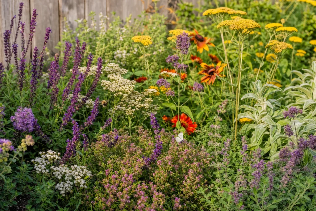 Vielfältiges Blumenbeet mit winterharten Stauden, einjährigen Blumen und Kräutern, umschwärmt von einer Biene und einem Schmetterling
