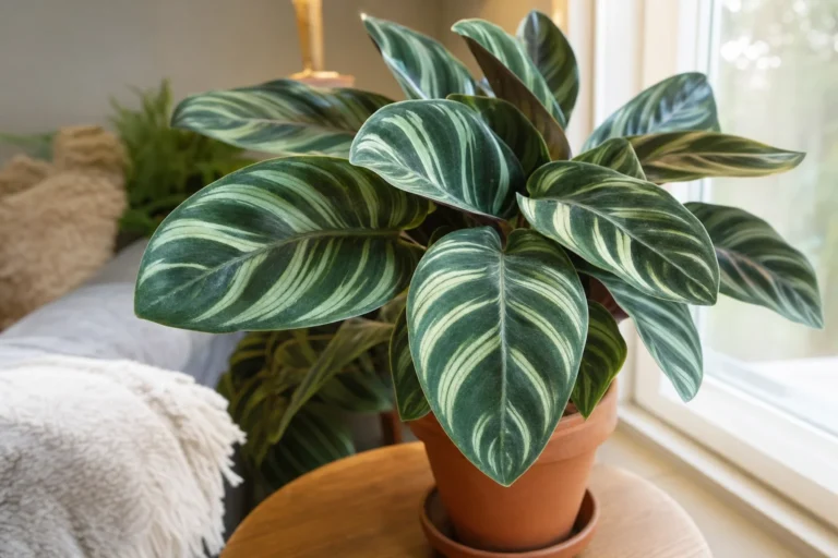 Calathea-Pflanze mit gemusterten, samtigen Blättern an einem hellen Fensterplatz