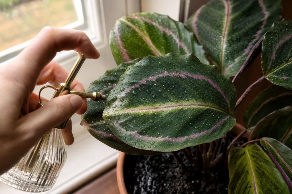 Hand besprüht die Blätter einer Calathea mit Wasser zur Erhöhung der Luftfeuchtigkeit