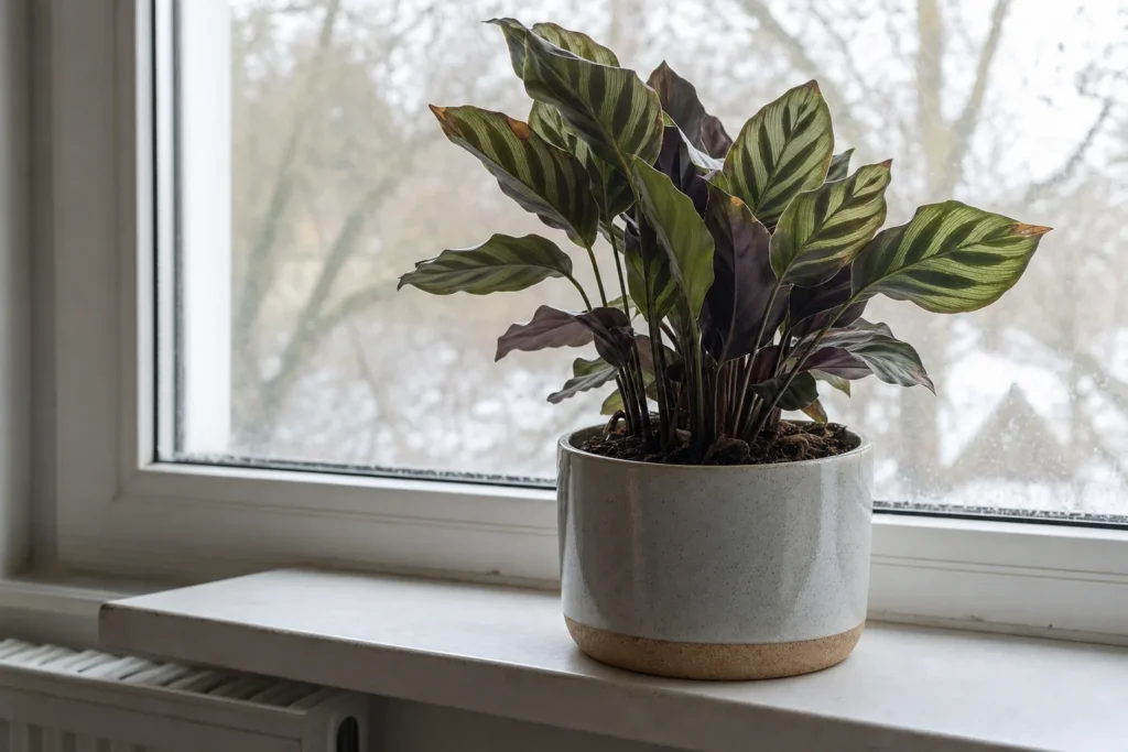 Calathea auf einer Fensterbank im Winter mit gedämpftem Licht und leicht reduziertem Wachstum