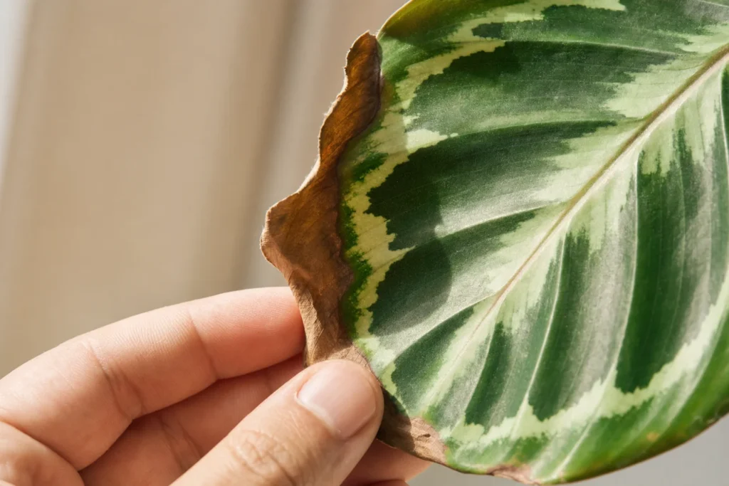 Calathea-Blatt mit braunen, eingerollten Blatträndern als typisches Anzeichen für Pflegefehler