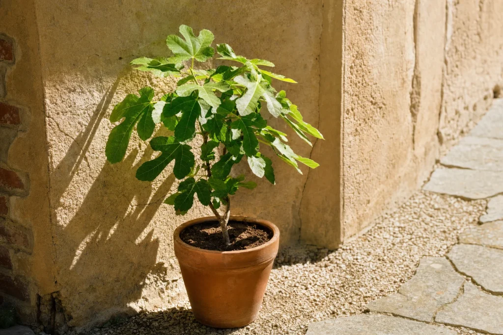 Feigenbaum in windgeschützter Ecke direkt an einer sonnenbeschienenen Hauswand