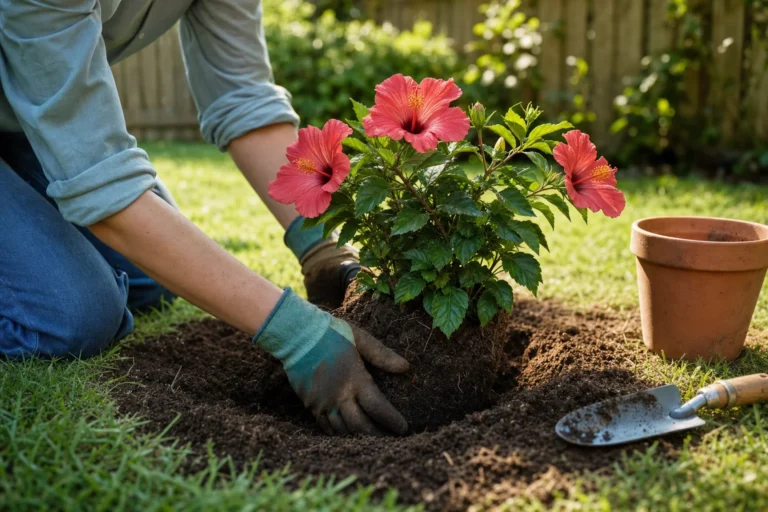 Gärtnerhände setzen einen jungen Hibiskus mit rosa Blüten in ein frisch ausgehobenes Pflanzloch im Garten