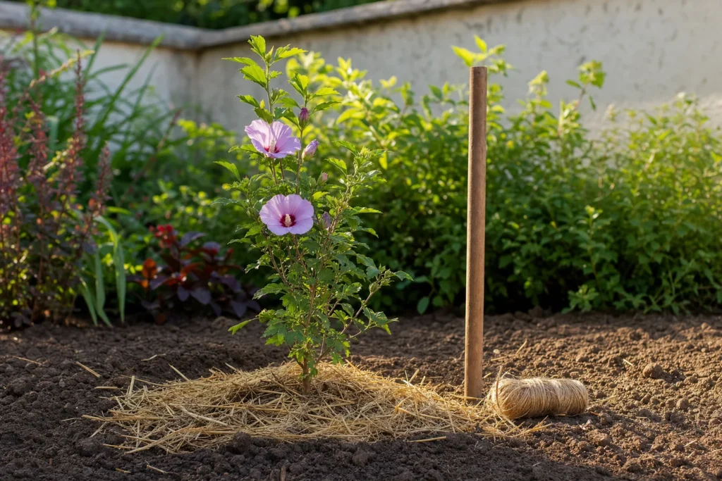 Frisch gepflanzter junger Hibiskusstrauch mit Mulchschicht an einem sonnigen, windgeschützten Platz im Garten