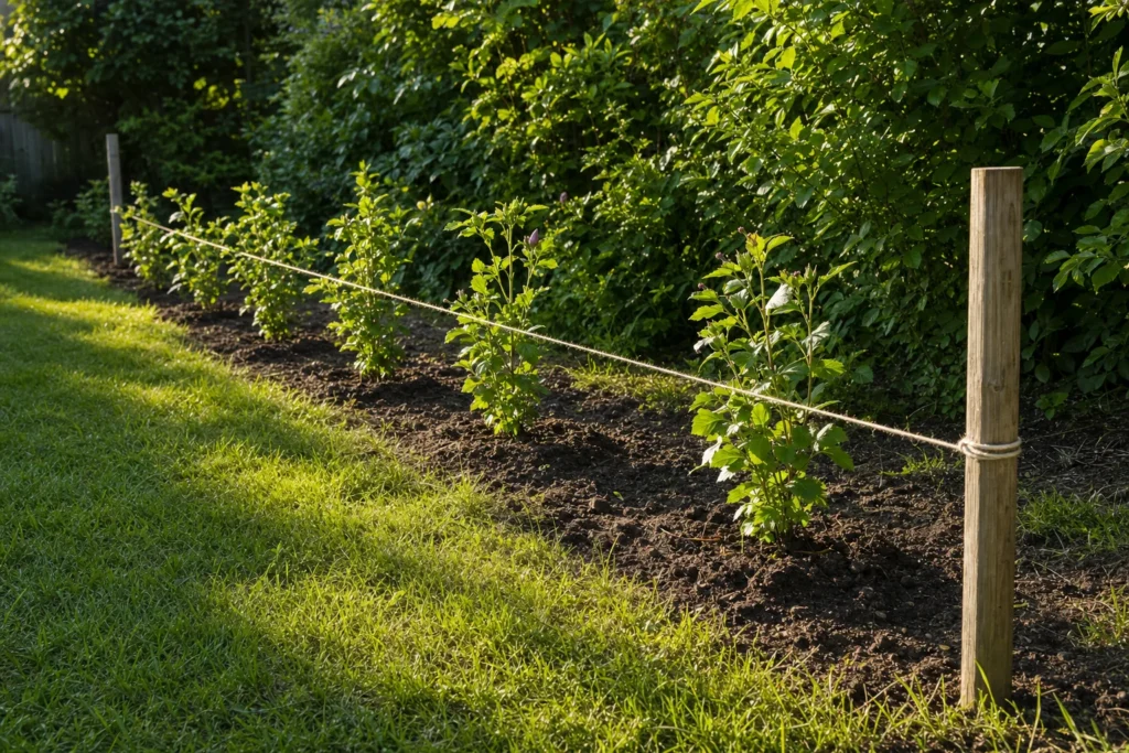 Reihe junger Hibiskus-Sträucher entlang einer gespannten Schnur mit gleichmäßigem Pflanzabstand für eine Hecke