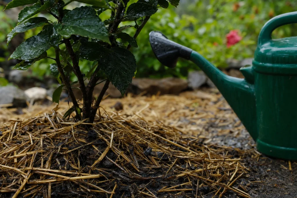 Mit Mulch bedeckter Wurzelbereich eines frisch gepflanzten Hibiskus nach dem Gießen
