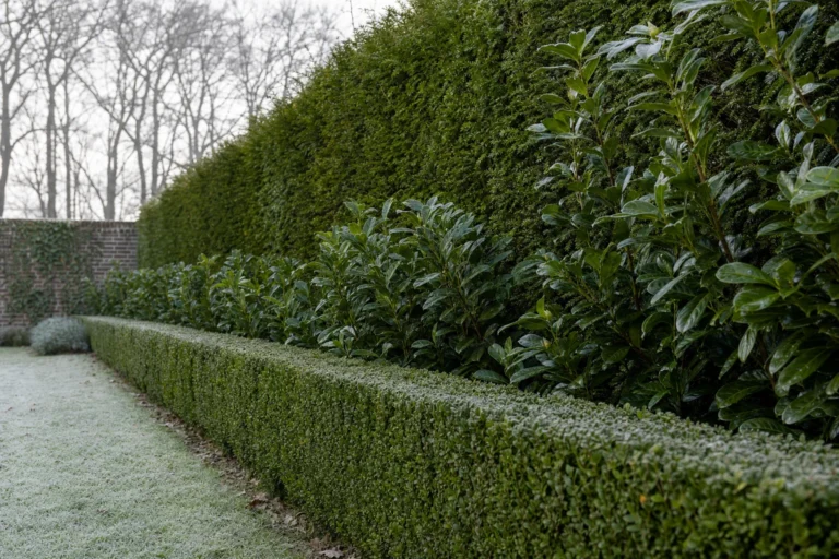 Winterlicher Garten mit Buchsbaumhecke, Thuja und efeuberankter Mauer