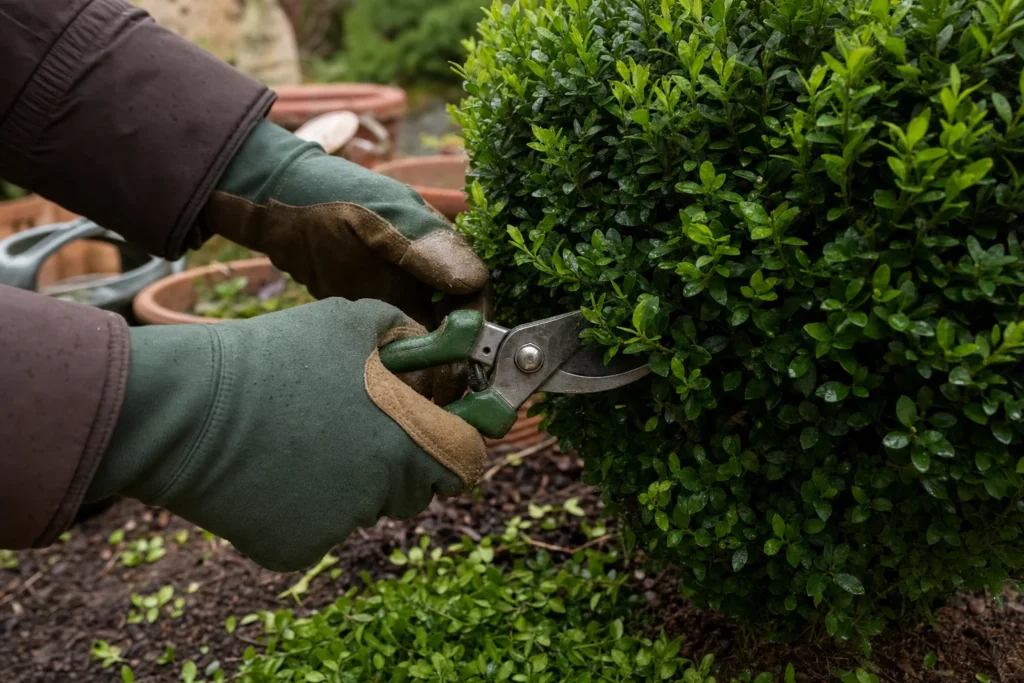 Hände schneiden mit einer Gartenschere einen immergrünen Buchsbaum im Frühjahr