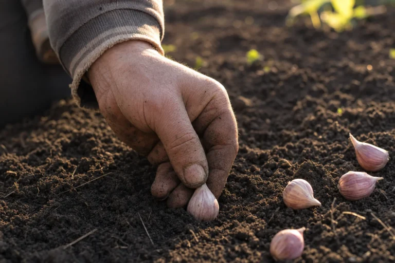 Hände stecken eine Knoblauchzehe mit der Spitze nach oben in lockere, dunkle Gartenerde.