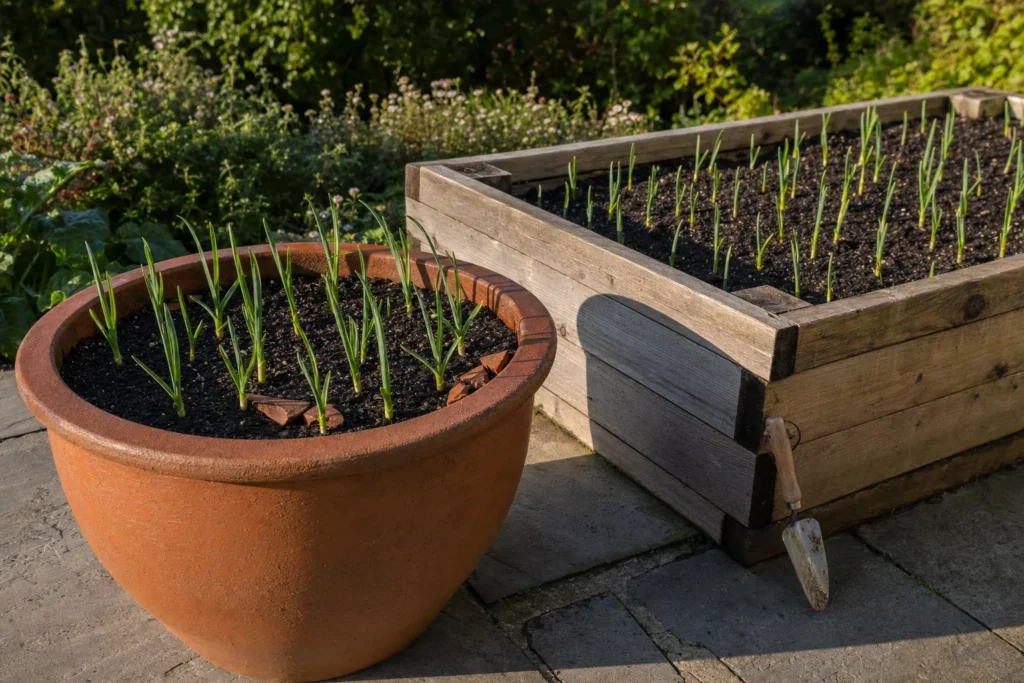 Junge Knoblauchpflanzen wachsen in einem Terrakottatopf und einem Hochbeet auf einer sonnigen Terrasse.