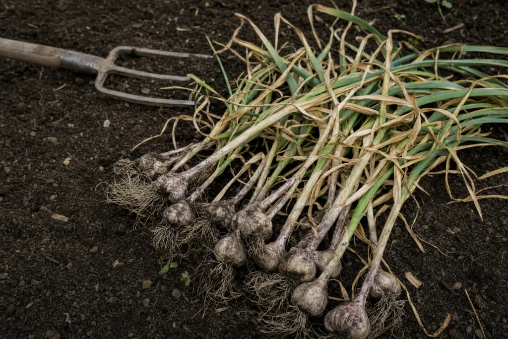 Frisch geerntete Knoblauchknollen mit teils vertrockneten Blättern liegen auf der Erde neben einer Grabegabel.