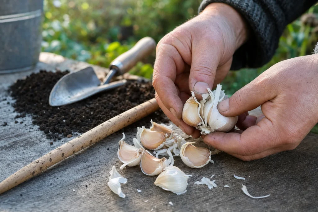 Hände trennen einzelne Knoblauchzehen von einer Knolle, bereit zum Pflanzen.