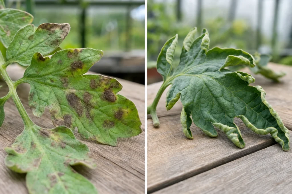 Zwei Tomatenblätter im Vergleich: eines mit pilzartigen Flecken, eines mit leicht verformtem Rand als Zeichen einer Nährstoffstörung