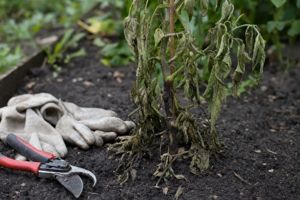 Stark verwelkte Tomatenpflanze mit dunkler Stängelbasis neben Gartenwerkzeug