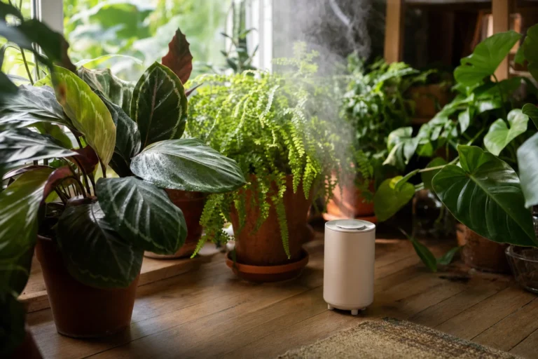 Ein kleiner Luftbefeuchter steht zwischen tropischen Zimmerpflanzen und verströmt feinen Nebel in einer sonnendurchfluteten Wohnecke.