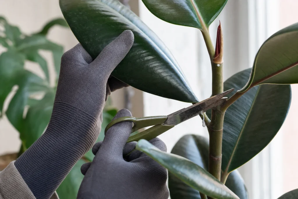 Hände mit Gartenhandschuhen schneiden vorsichtig ein Blatt eines Gummibaums, an dessen Stiel milchiger Pflanzensaft austritt.