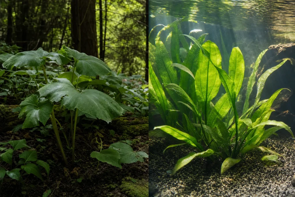 Vergleich einer großblättrigen Wildpflanze im schattigen Wald und einer großblättrigen Aquarienpflanze unter Wasser.