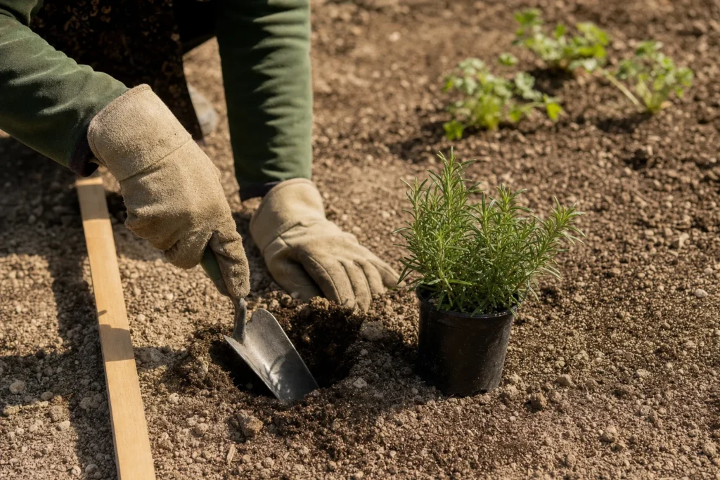Rosmarin-Jungpflanze wird mit Handschaufel ins lockere Beet gesetzt