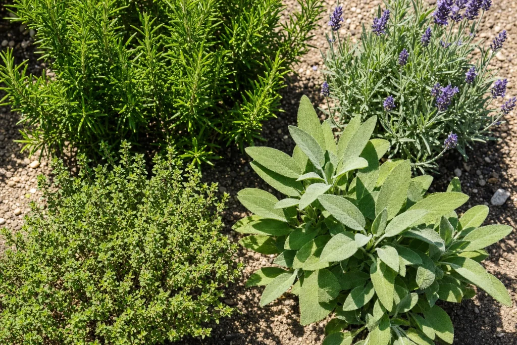 Rosmarin wächst zusammen mit Lavendel, Thymian und Salbei im sonnigen Beet