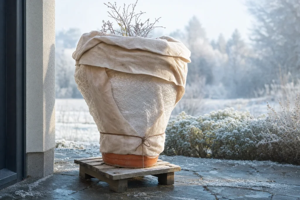 Kübelpflanze auf einer Terrasse, mit Vlies und Luftpolsterfolie gegen Frost geschützt